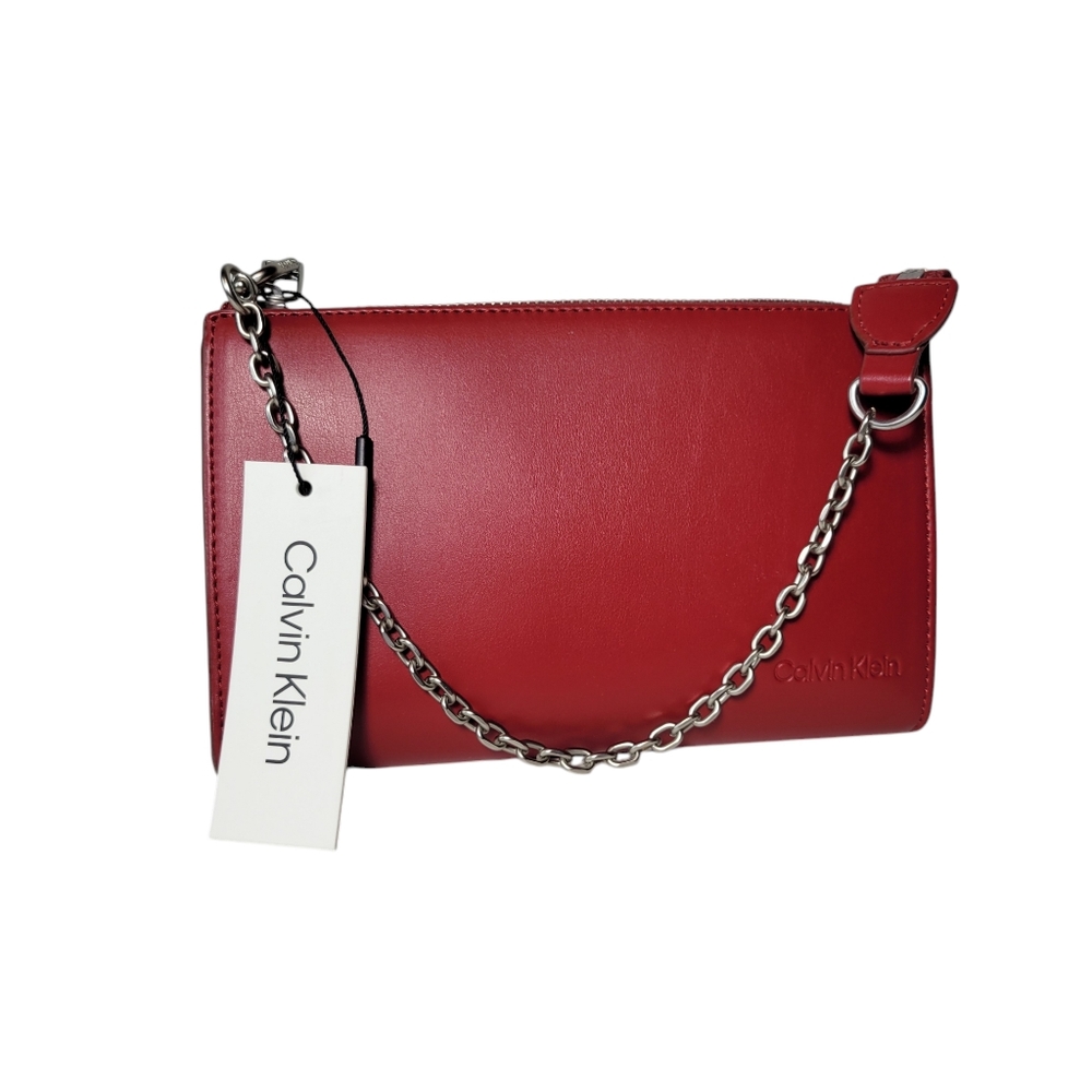 Calvin Klein red clutch handbag with silver chain strap NWT